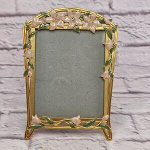 Vintage Carr MCM Gold Metal Picture Frame 4.5inx 3.5in with Pink Enamel Flowers